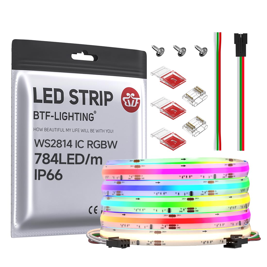 BTF-LIGHTING FCOB SPI RGBNW(4000K) Flexible High Density LED Strip COB WS2814 IC RGBW LED Strip 5M 784LEDs/m DC24V White PCB IP66 Chasing Colour(Without Controller and Power Supply)
