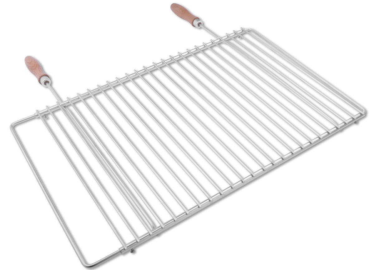 Ruszt do grillowania ze stali nierdzewnej o regulowanej szerokości 55 – 65 x 37 cm, wykonany z europejskiej stali nierdzewnej, z drewnianymi uchwytami, regulowany ruszt do grillowania, ruszt do