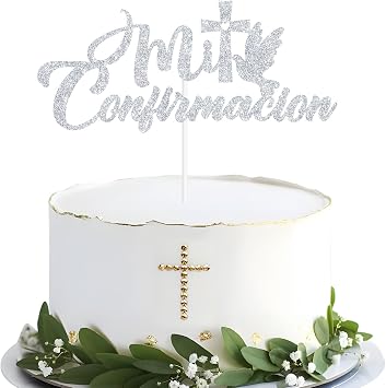 Zatain Mi Confirmacion Cake Topper, Spanish First Holy Communion, Christian Wedding/Engagement/Baby Shower/Confirmation/1st Birthday Party Decorations - Silver Glitter