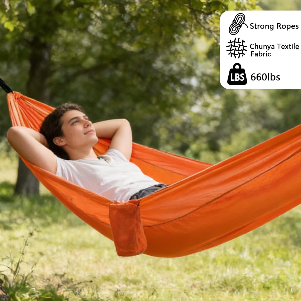 Camping Hammock, Portable Hammocks with Tree Straps & Attached Carry Bag, Travel Tree Hammocks for Outside Indoor Hiking Beach Backpack Travel(Orange, Polyester Pongee)