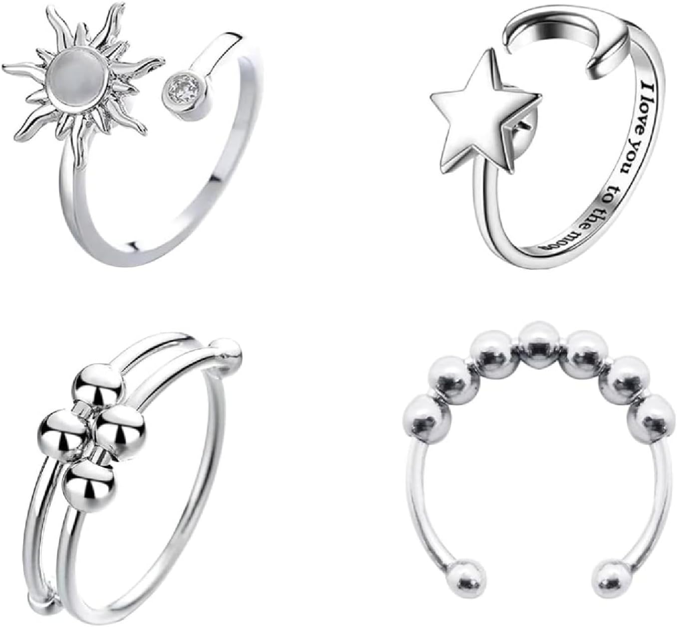 4PCS Stainless Steel Adjustable Spinner Rings for Women - Stress Relief Rotatable Sun Moon Star Beads