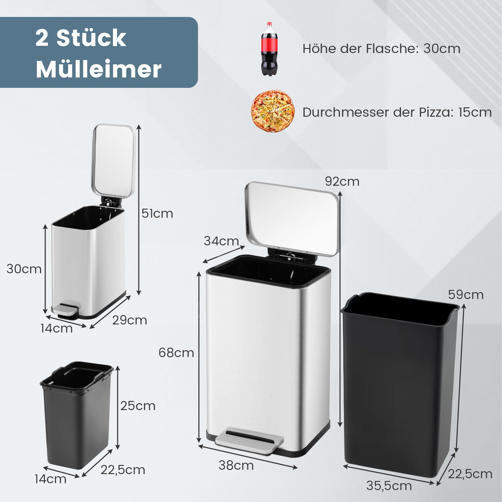 GOPLUS Kosz na śmieci ze stali nierdzewnej, 40 l + 6 l, zestaw z pokrywką i pedałem nożnym, pojemnik na śmieci nie zajmuje dużo miejsca, do kuchni, łazienki, biura i salonu, srebrny