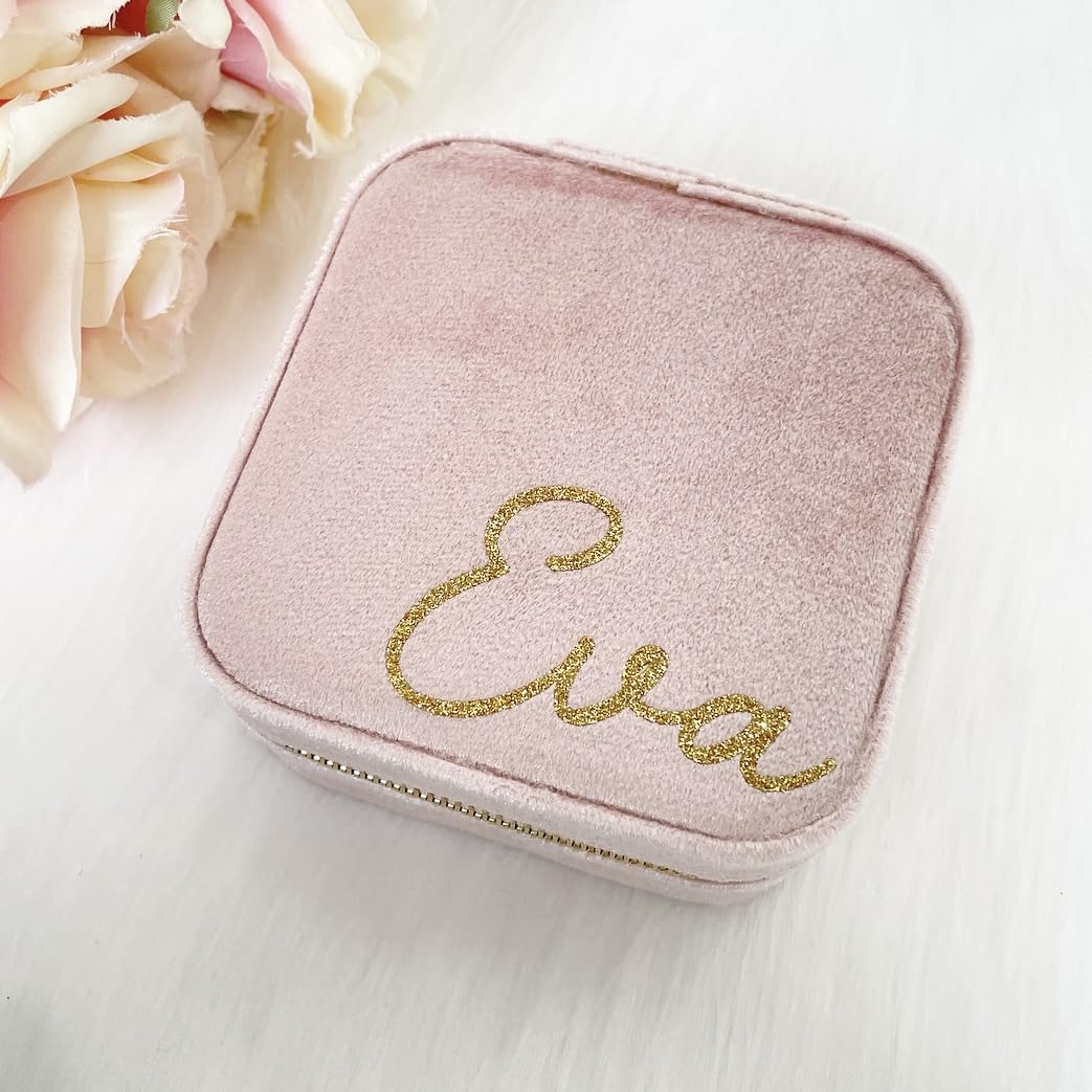Personalised Name or Initial Jewellery Box Small Travel Jewellery Organiser Box Velvet Jewellery Box for Rings Necklaces Bracelets Womens Girls Mini Travel Storage (Baby Pink)