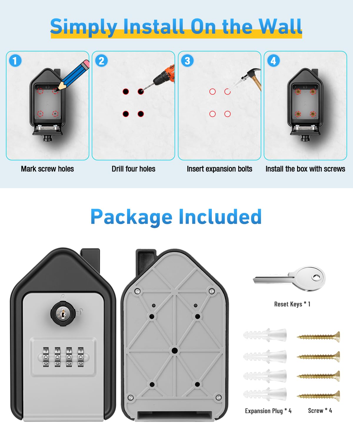 Cajetin Llaves con Codigo Grande Caja Llaves Montaje en Pared con CóDigo de 4 DíGitos y Una Llave de Emergencia para Hogar Garaje Escuela Oficina, Gris