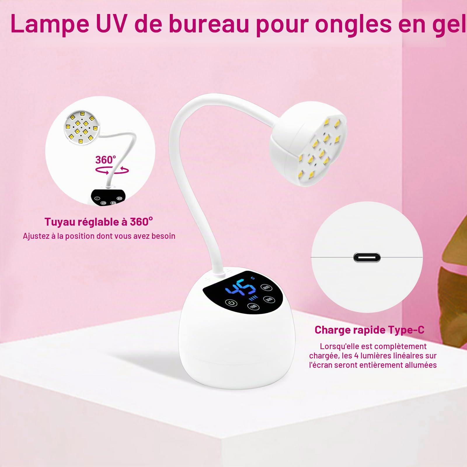 CGBE Mini Lampe UV Ongles Gel avec Capteur Automatique Intelligent et Écran LCD, 12 Perles LED Mini Lampe UV avec 4 Modes de Minuterie, 36W Portable Sèche-Ongles pour Salon et Maison