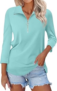 Polo para mujer, talla grande, manga larga, solapa, cremallera de un cuarto, bloque de color, rendimiento, piqué, golf, deportes al aire libre, casual, camiseta de tenis, ropa de trabajo
