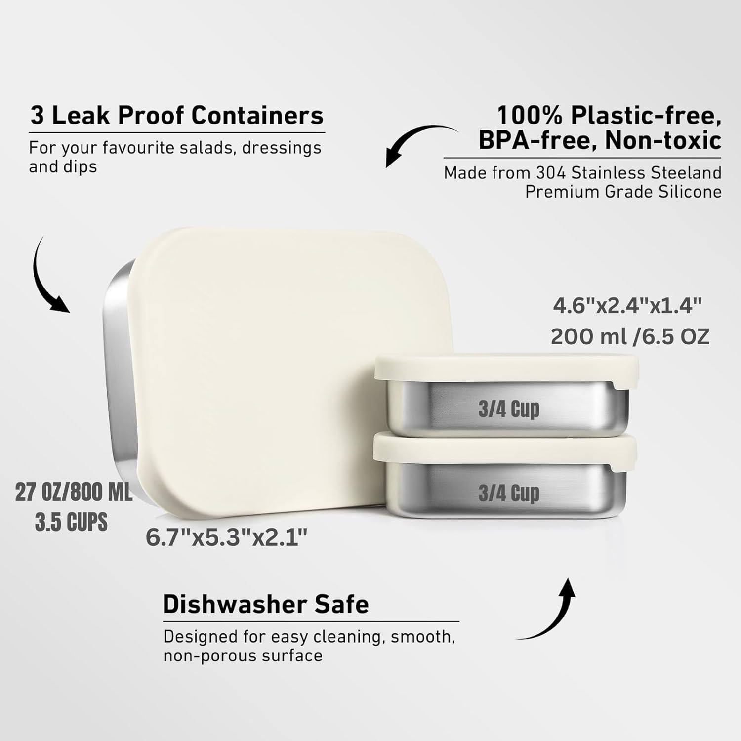 Leak Proof Stainless Steel Lunch Box Containers, Stainless Steel Bento Box, Metal Lunch Box, Sandwich and Snack Containers, SIlicone Lids, Korean Style,Small Vanilla (1 x 27oz + 2 x 6.5 OZ) - Image 3