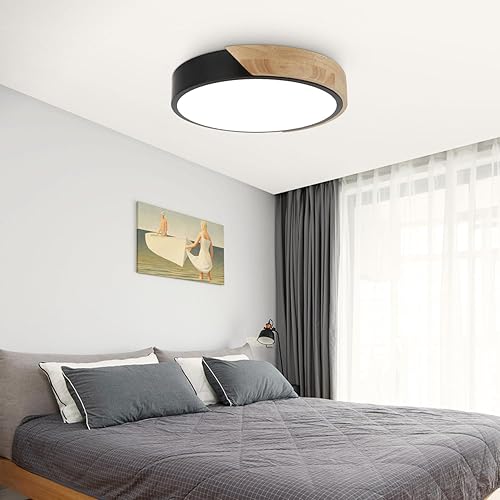 Miniatura 3 de Moderna lámpara de techo LED, luces de techo minimalistas de montaje empotrado negro y madera, iluminación de techo LED redonda regulable con