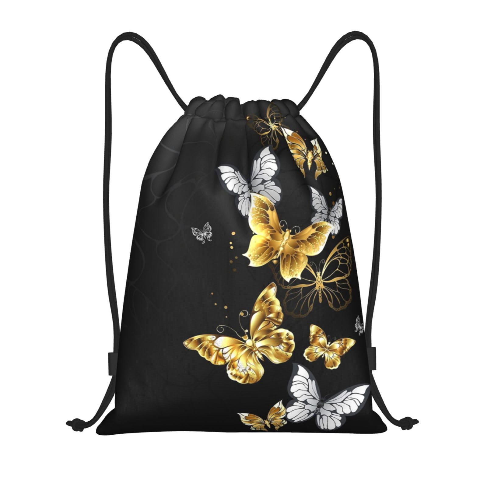 WKSGDSG Waterproof Gym Drawstring Bags Gold White Butterflies Black Drawstring Backpack For Men Women Lightweight Portable String Sack Bags Outdoor Drawstring Bags For Sports Travel Shopping Kids Yoga