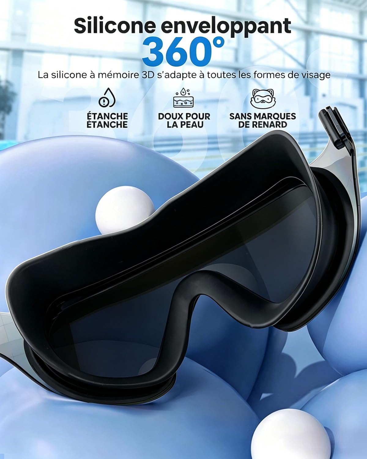 Zoomsnail Lunettes de Piscine Panoramiques 180° sans Monture, Anti-Buée, Confort Silicone, Étanches