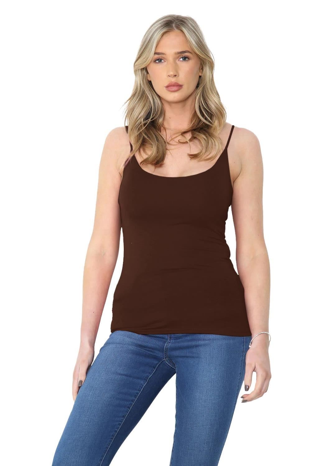 Hamishkane Women's Brown Hamishkane® Plain Bodycon Cami Strappy Sleeveless Tank Tops, Slim Fitted Scoop Neck Vest Tops Uk, Stretchy Gym Wear, Casual Summer Vest