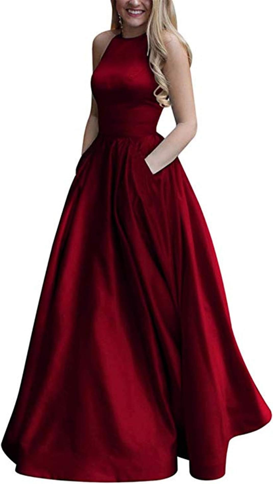 Women's Halter Prom Dress with Pockets Long Formal Evening Gowns Burgundy 10