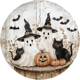 Witch Boo Cat Halloween Round Sign Fall Winter Holiday Indoor and Outdoor Aluminum Wreath Attachment Door Wall Decoration for Home Kitchen Bar Cafe Store Club Pary Desk Decor Sign 8x8 inch