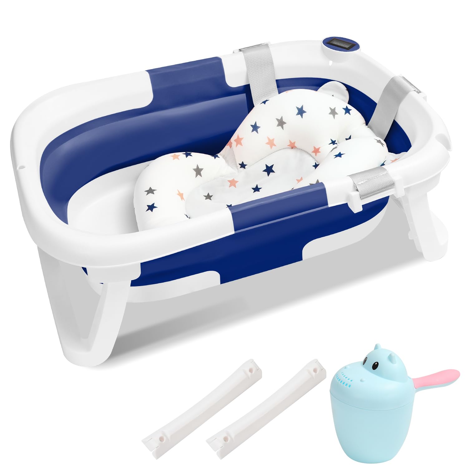 Vasca da bagno pieghevole per neonati, con termometro integrato e bicchierino per capelli, portatile, per neonati fino a bambini con tappetino antiscivolo e foro di scarico, colore: blu