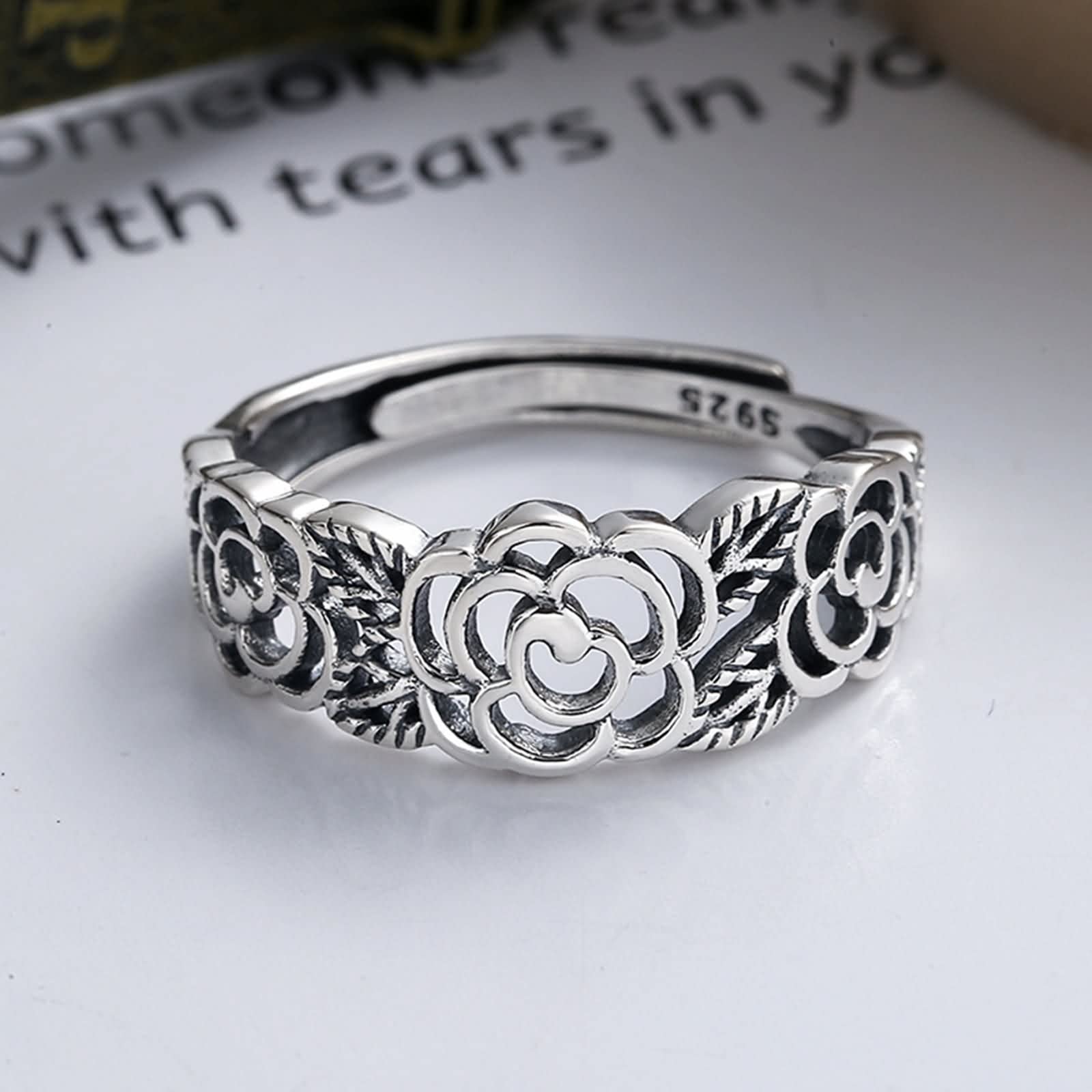 925 anelli a fascia da donna, anelli regolabili aperti per le donne in argento sterling con rosa cava regolabile gioielli alla moda per lei, Adjustable, Nessuna pietra preziosa