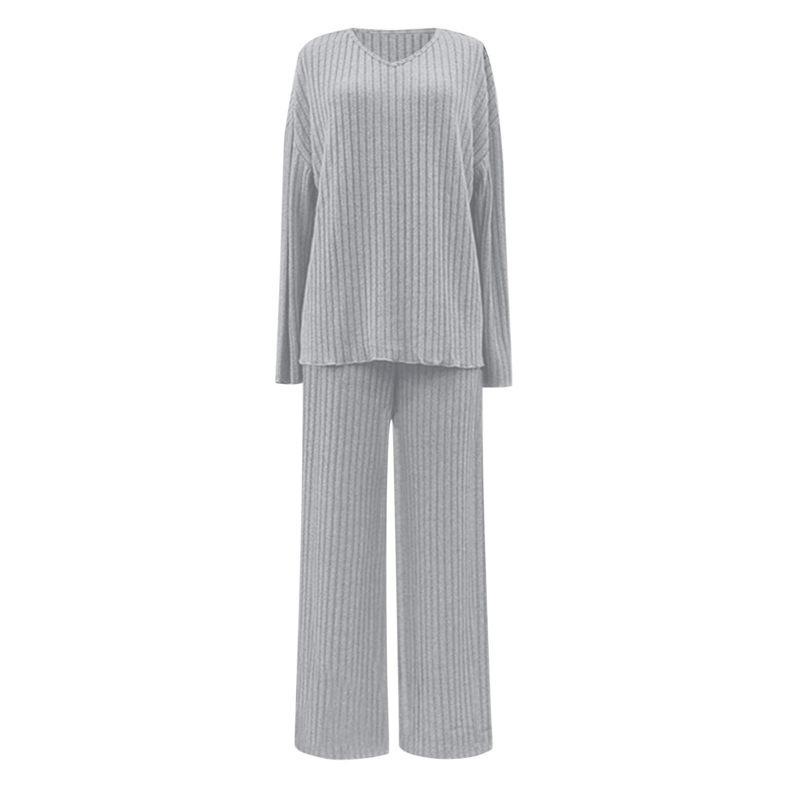 Genérico Conjunto de Pijama Dos Piezas Mujer Elegante Ropa casa otoño Blusa Holgada Manga Larga Cuello V Pantalones Pierna Ancha Conjuntos Dormir Traje Ocio