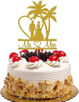 Funny Wedding Cake Topper Tropical Palm Tree Hawaii Beach Themed Wedding Party Supplies Bride & Groom with Hand in Hand Travel Theme Party Decors Gold Glitter