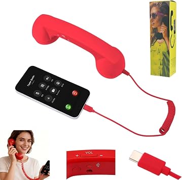 Retro Phone Handset, 2026 New Retro Phone Handset, Type-C Retro Telephone Wired Handsets Style Landline Handle Receiver for Cell Mobile Video Conferences, Calls, Meetings red,Type-C