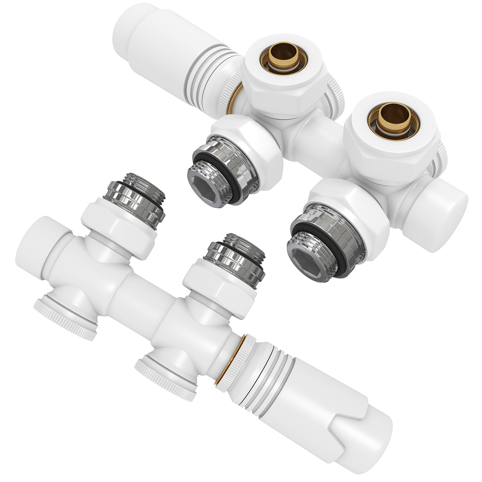Robinet de radiateur multibloc EMKE blanc ensemble d'angle et droit G1/2" - Lot de 2