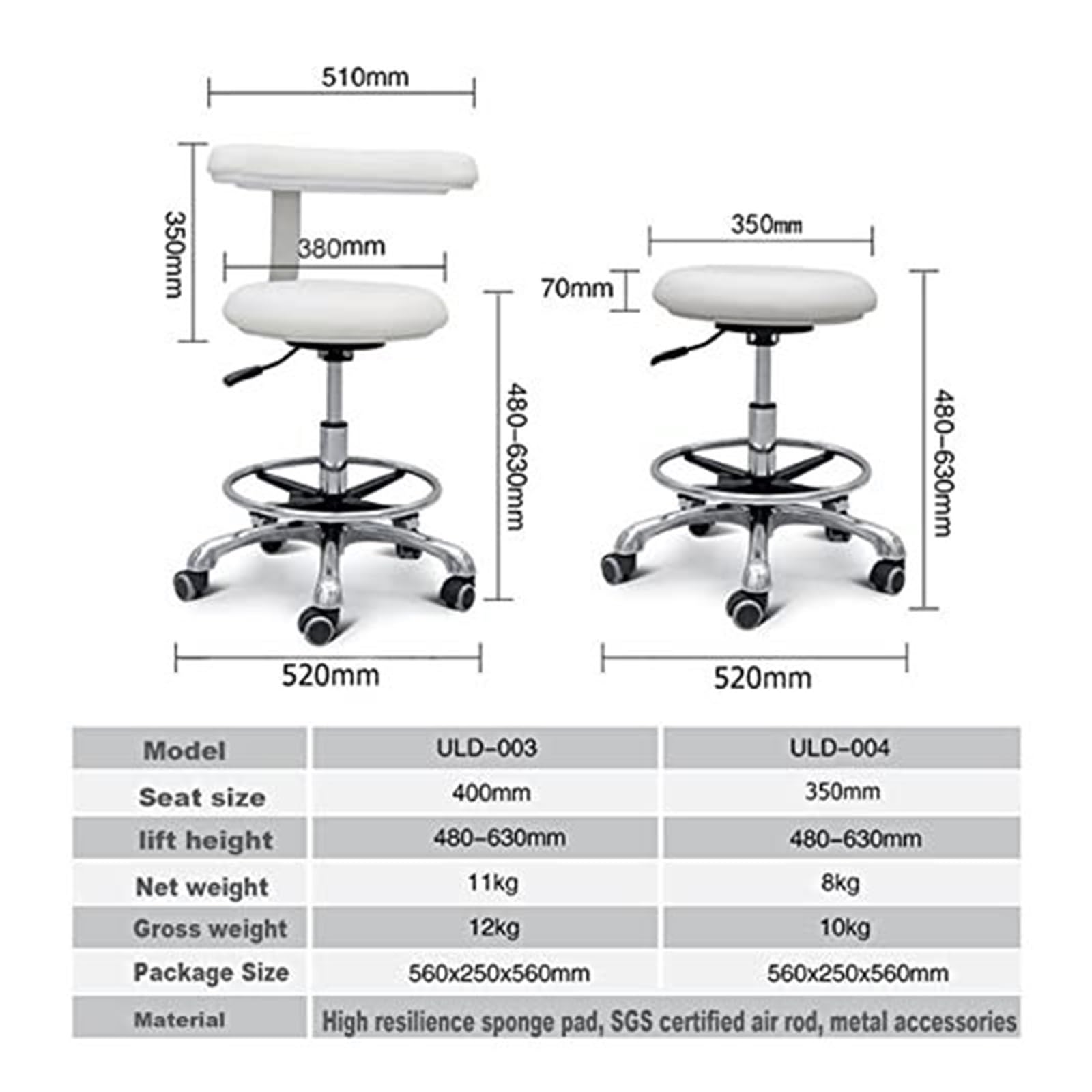 Sedia da dentista, sgabello medico, sgabello per assistente odontoiatrico, rotazione a 360°, in pelle PU, sgabello da salone, altezza regolabile (D3)