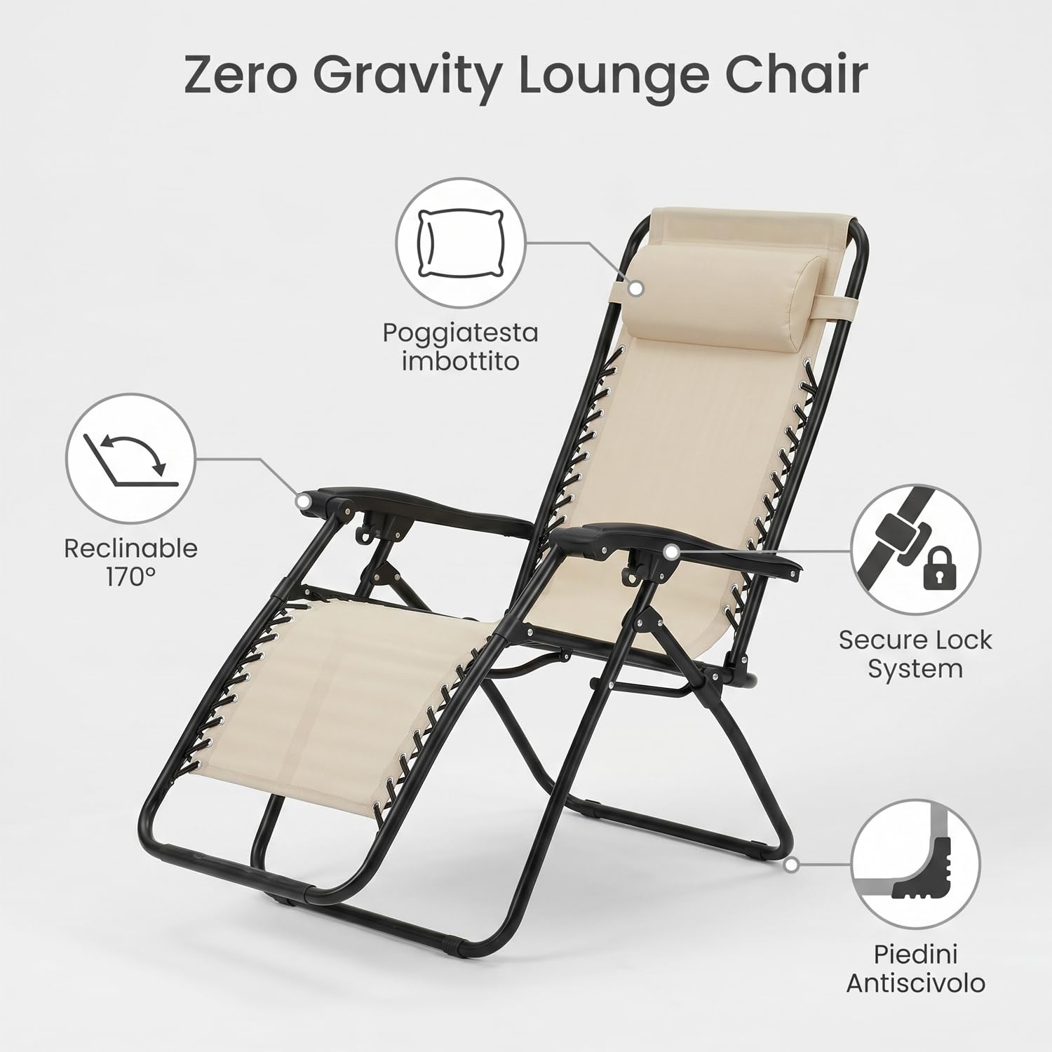 Marvin Sdraio Reclinabile Gravity da Giardino, Lettino Relax Pieghevole in Acciaio con Schienale Regolabile e Sistema di Blocco, Poltrona Prendisole per Terrazzo, Piscina, Spiaggia e Outdoor (Beige)