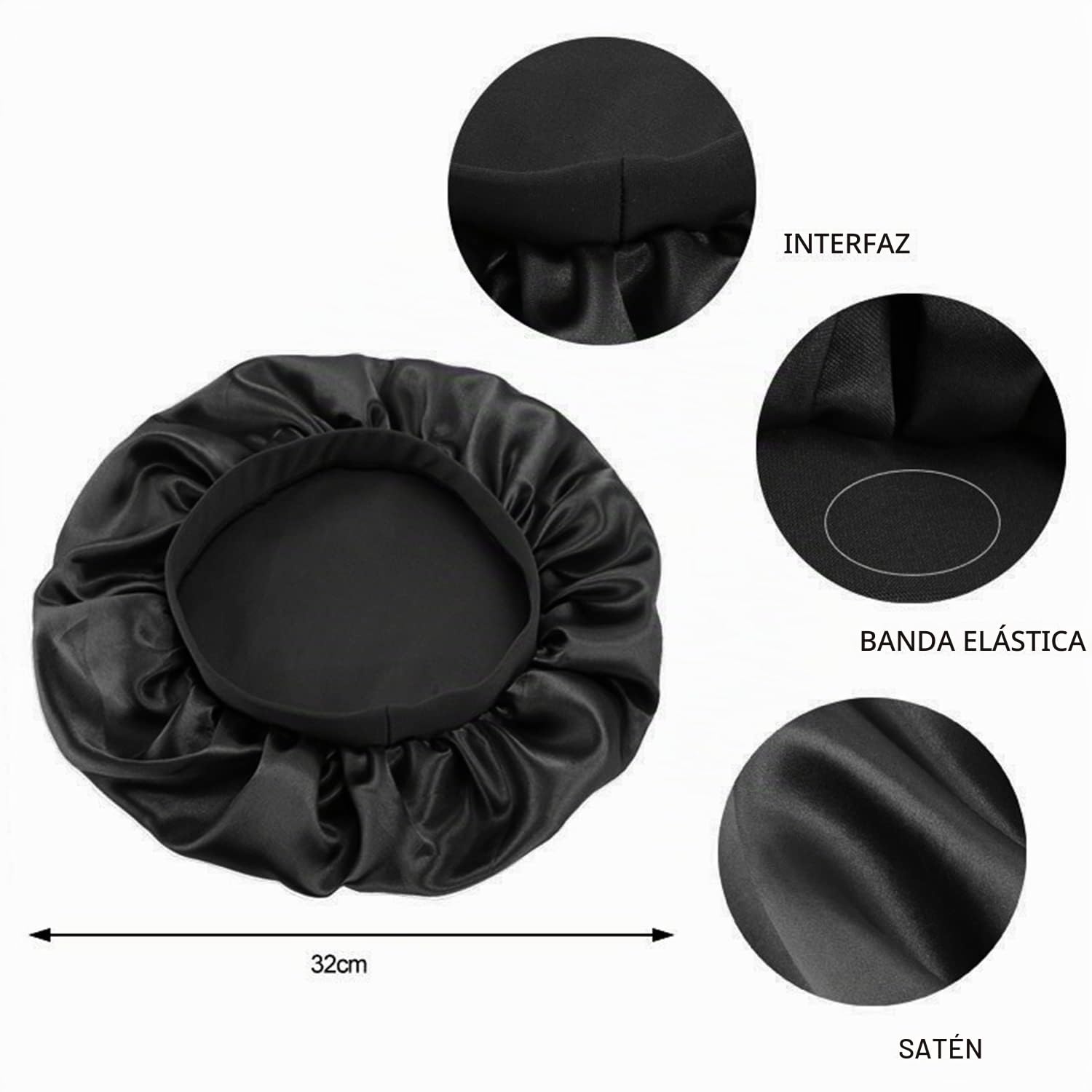 Gorro de Dormir, Seda Elástico, Gorro de Satén de Banda Ancha , Suave Cubierta de Cabeza Bonnet para Mujeres y Chicas(Negro)