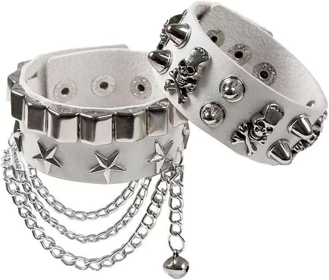 GYRMMUE 2PCS Soft Leather Bracelets Gothic Punk Wristband Multilayer Black Leather Skull Star Bracelet Cuff Bracelet Outfits Adjustable Bangle Arm Band for Men and Women