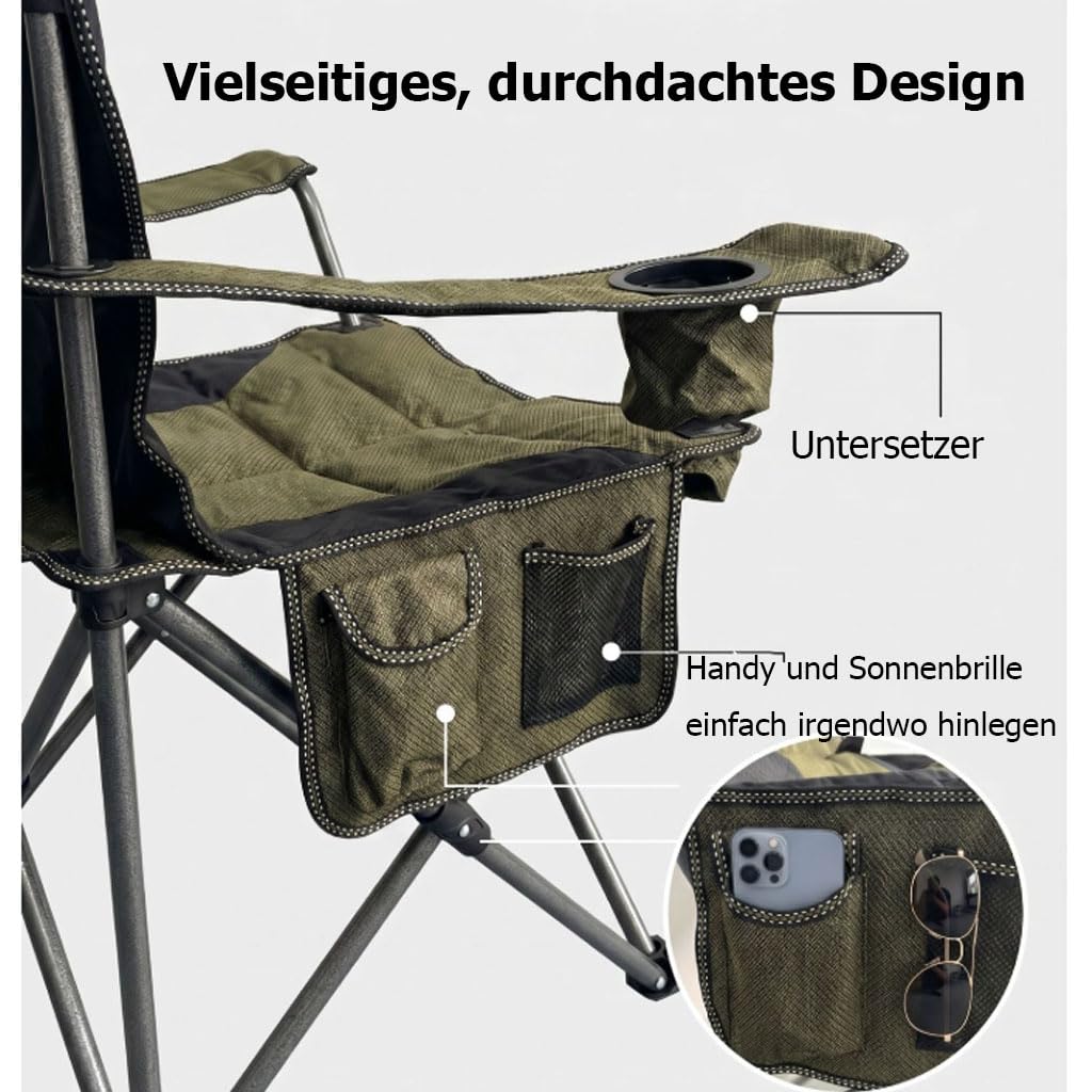 Campingstuhl Faltbar mit Dicker Polsterung, Klappstuhl Camping Stuhl mit Getränkehalter & Seitentasche, Stabiler Fischerstuhl für Garten Picknick Festival, inklusive Tragetasche
