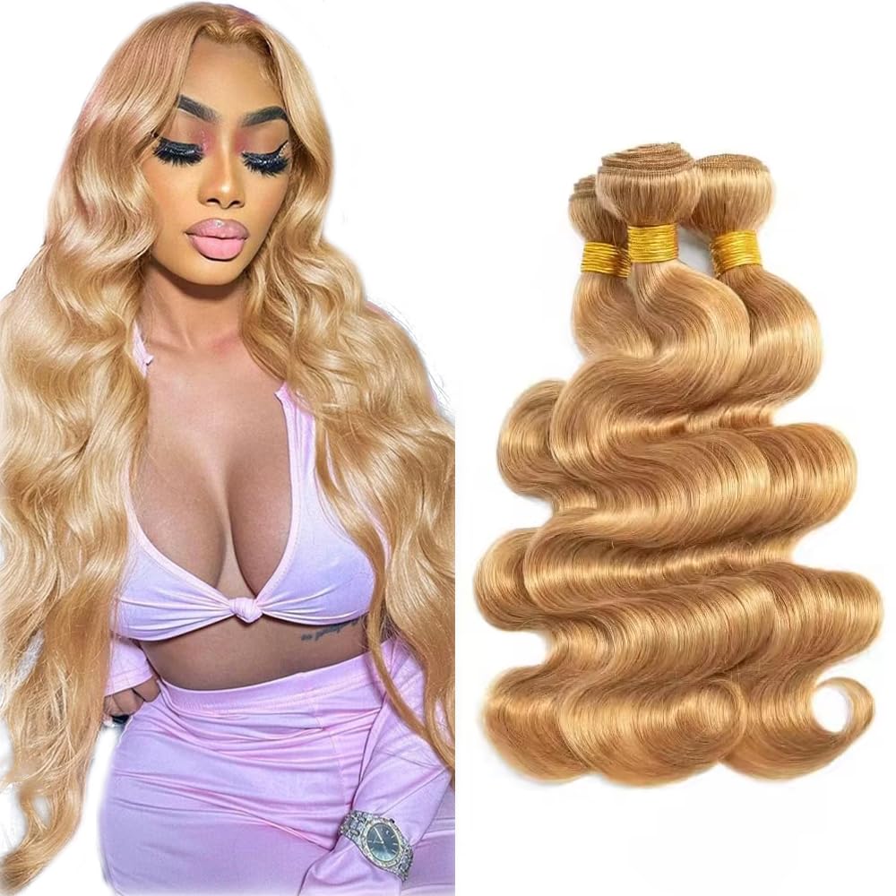 30 32 34 inch AuokMar Honey Blonde Bundles 27 Body Wave Bundles Huma Hair Double Weft Soft Real 27 Blonde 3 Bundle Human Hair Extensions 150g 30 32 34 Inch G 27 Body Bundles