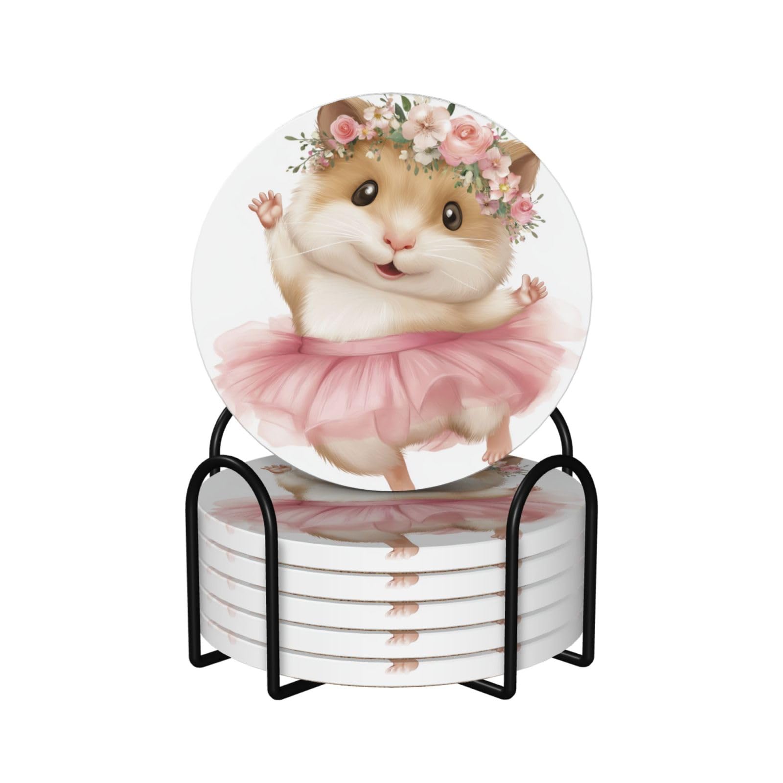 Cute Hamster Ballerina Pink Tutu Dress Ceramic Coasters with Holder 6ps