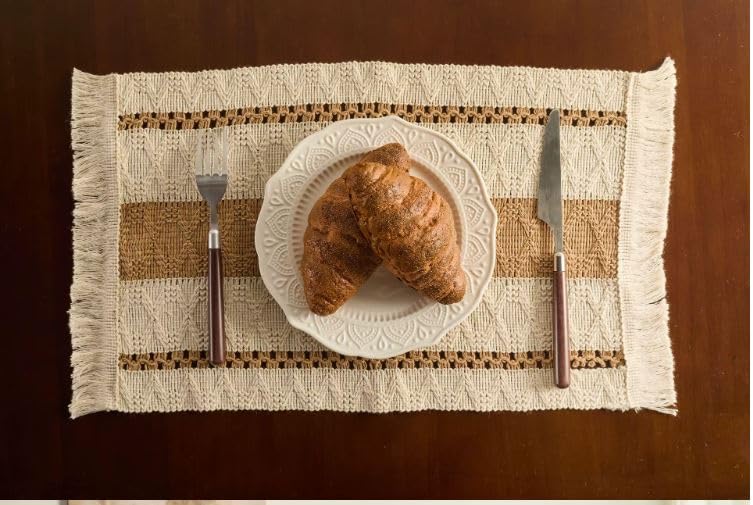 Image of HomeCloud Croshia Woven Table placemat - Heat Resistant, Washable Table Decoration for Dining, Office, Kitchen, Hotel, and Home (Rec White Beige, Set of 2)