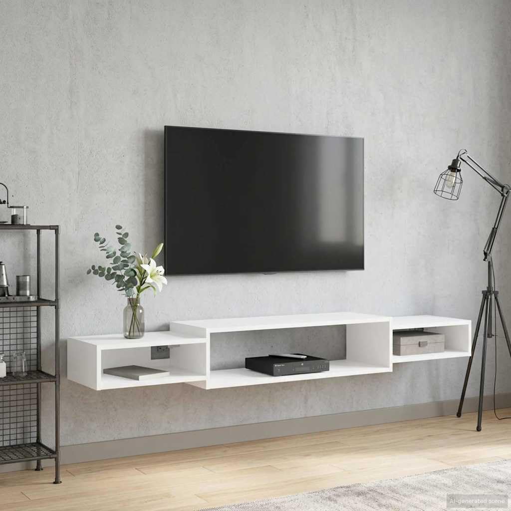 Meuble TV mural - Support mural - Étagère TV flottante - Meuble bas suspendu pour salon et chambre à coucher - Blanc - 180 x 28 x 21 cm