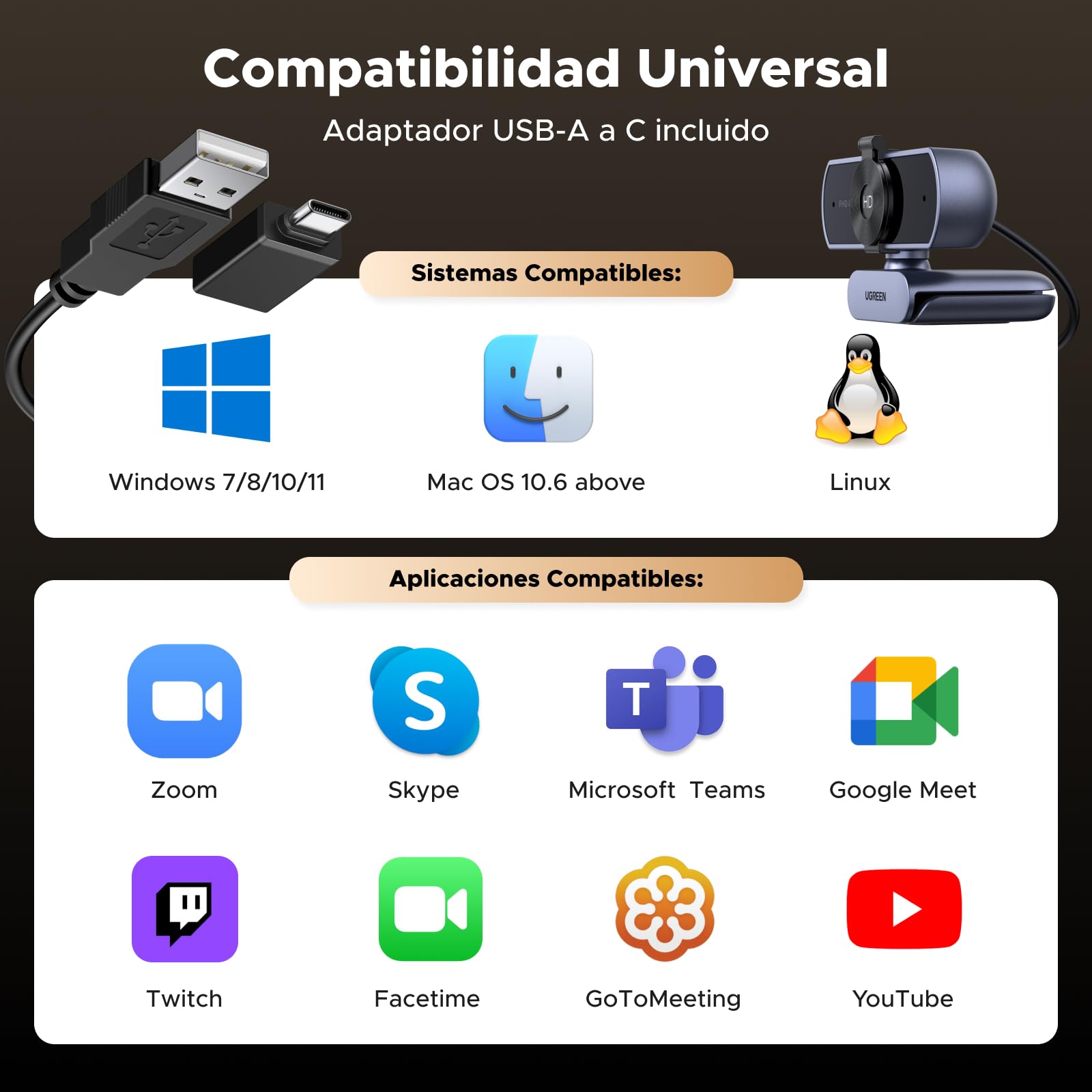 UGREEN FineCam Lite 4K Webcam 30FPS Ultra HD USB Webcam Enfoque Automático Plug and Play para Windows MacOS Linux Streaming Youtube Skype Call Video Zoom Videoconferencia