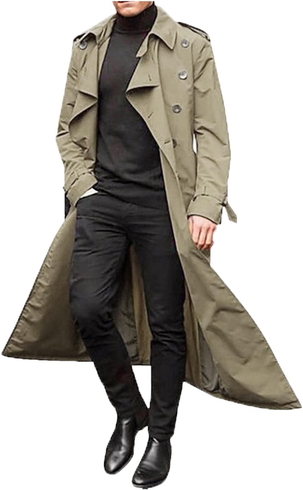 Men Trench Coat Winter Long Jacket Double Breasted Overcoat Men's Classic Wool Trench Overcoat Long Coat Jackets(Khaki,XL)
