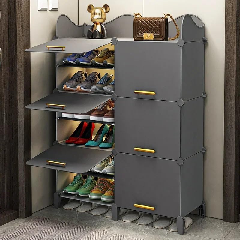 Image of Modular Shoe Rack Organizer with Drawer Storage, Multi-Layer Foldable Shoe Cabinet with Dustproof Doors for Home Entryway Bedroom (Grey-HG, 6-Door)