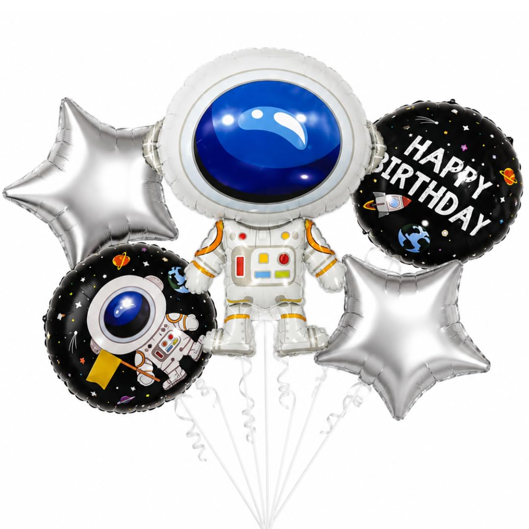 Wanna Party Space Theme Foil Balloon Set (Pack of 5) | Astronaut, Rocket & Star Balloons for Kids Birthday | Outer Space Party Decorations | Happy Birthday Balloon Combo-image-5