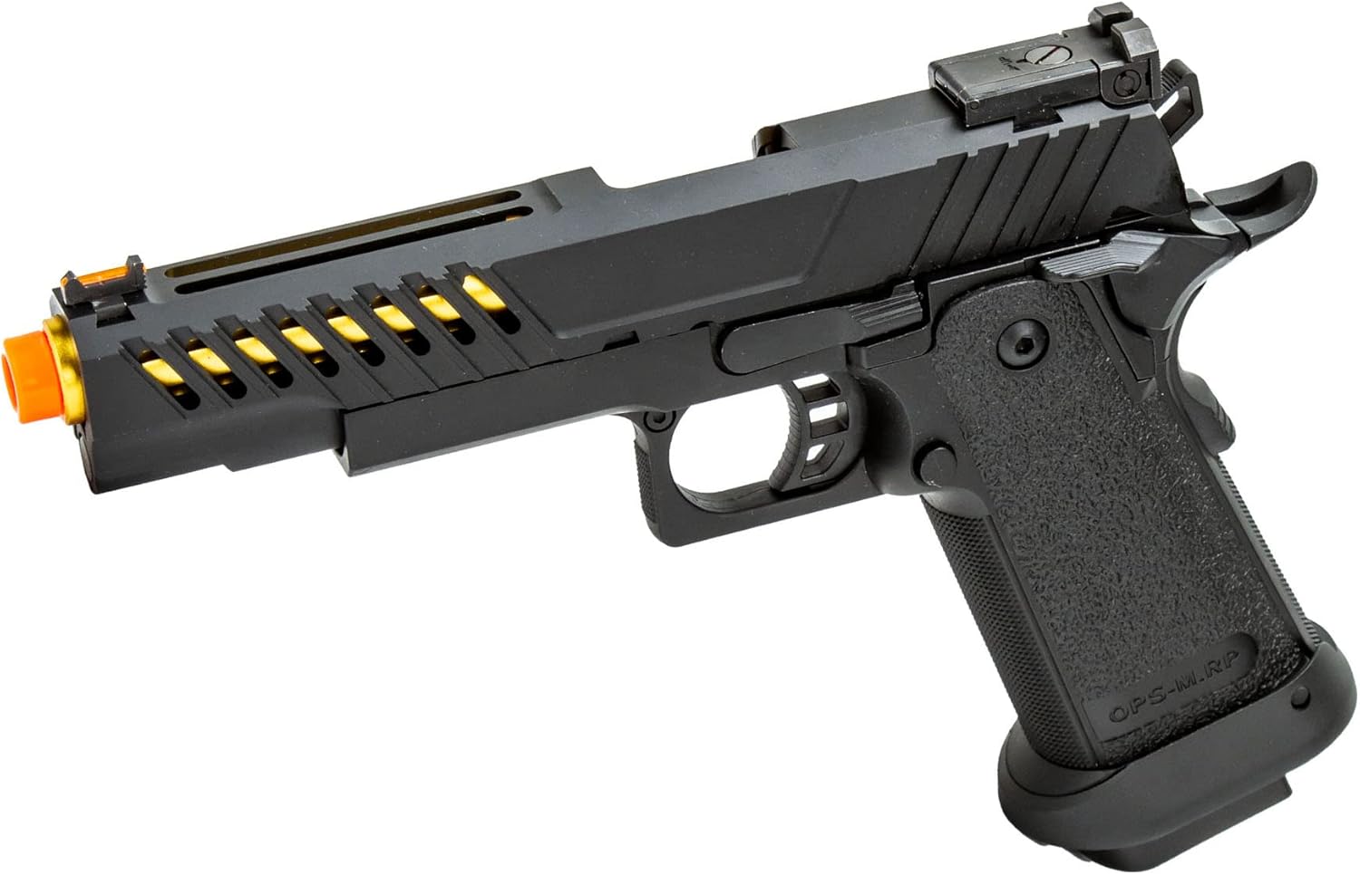 340 FPS Golden Ball x Eagle OTS .45 Hi-Capa Gas Blowback Airsoft Pistol w/Vented Slide (Color: Black/Gold Barrel)