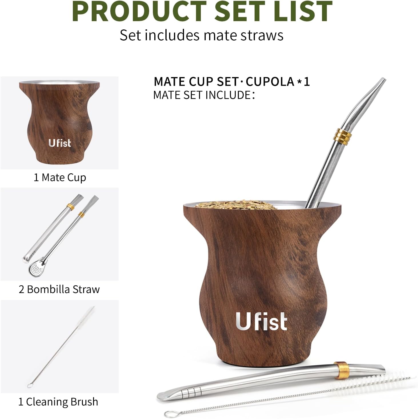 Yerba Mate Cup Set, Include Stainless Steel Double-Wall Mate Gourd with 2 Bombilla Straws and Cleaning Brush, 7.8oz Capacity (Wood Grain) - Image 2