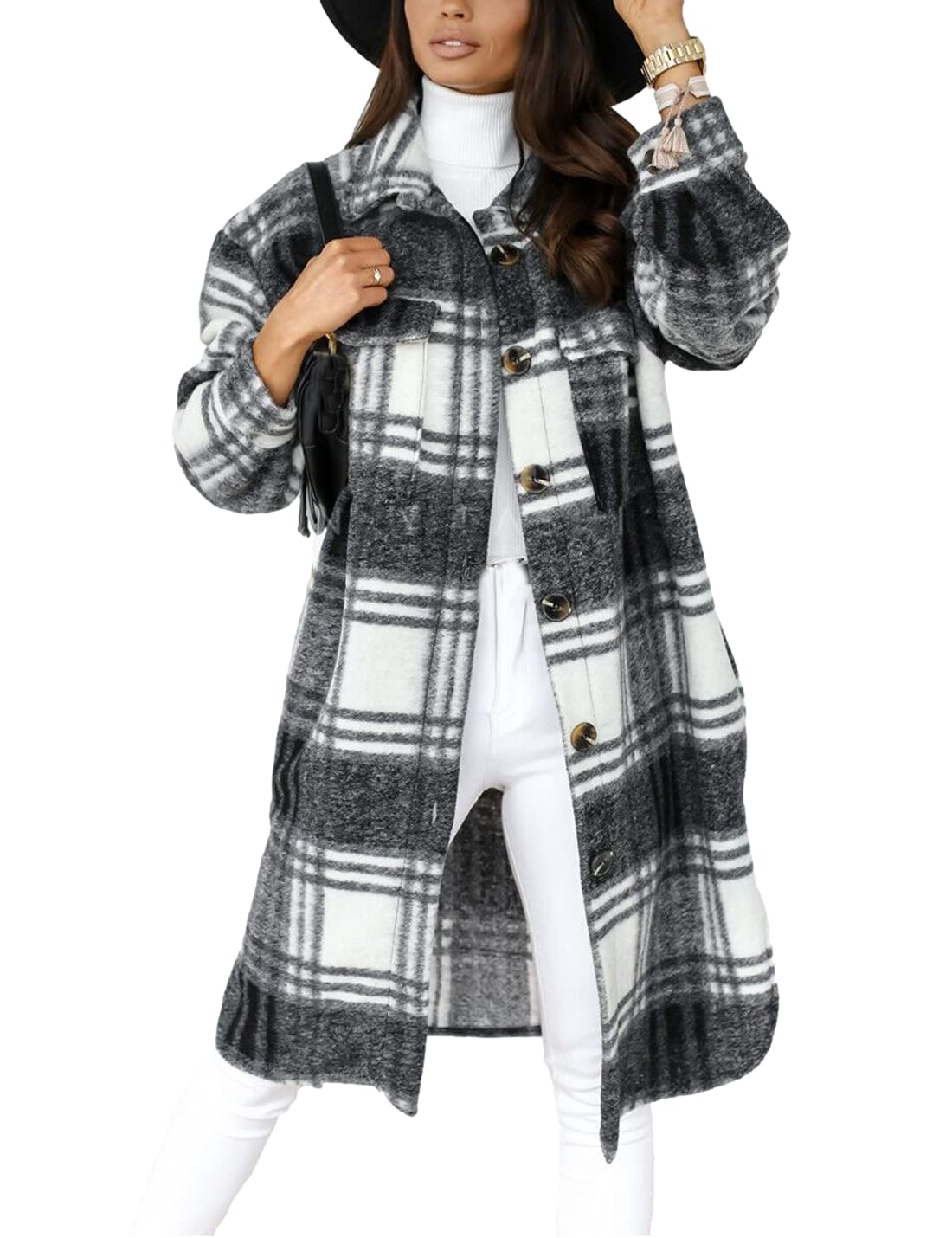 SeekMe Women's Long Plaid Shirt Jacket Shacket Lapel Button Down Woolen Blend Casual Tartan Over Shirt Trench Coat