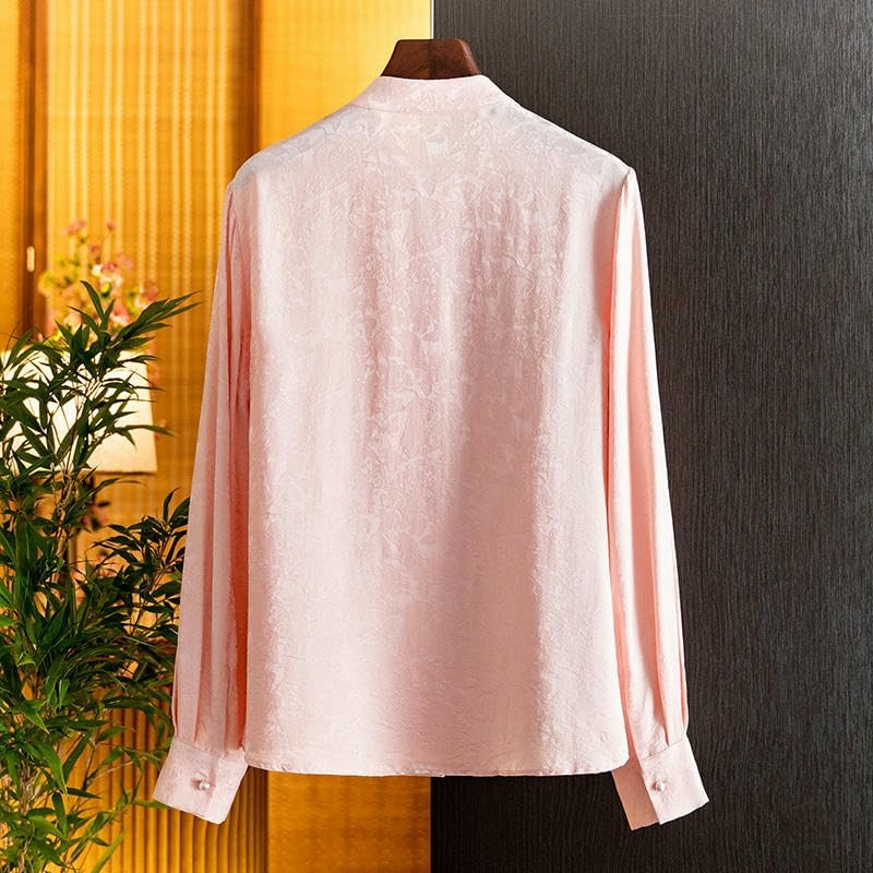 Women's Silk Jacquard Beaded Collar Blouse Summer Elegant Mulberry Silk Top