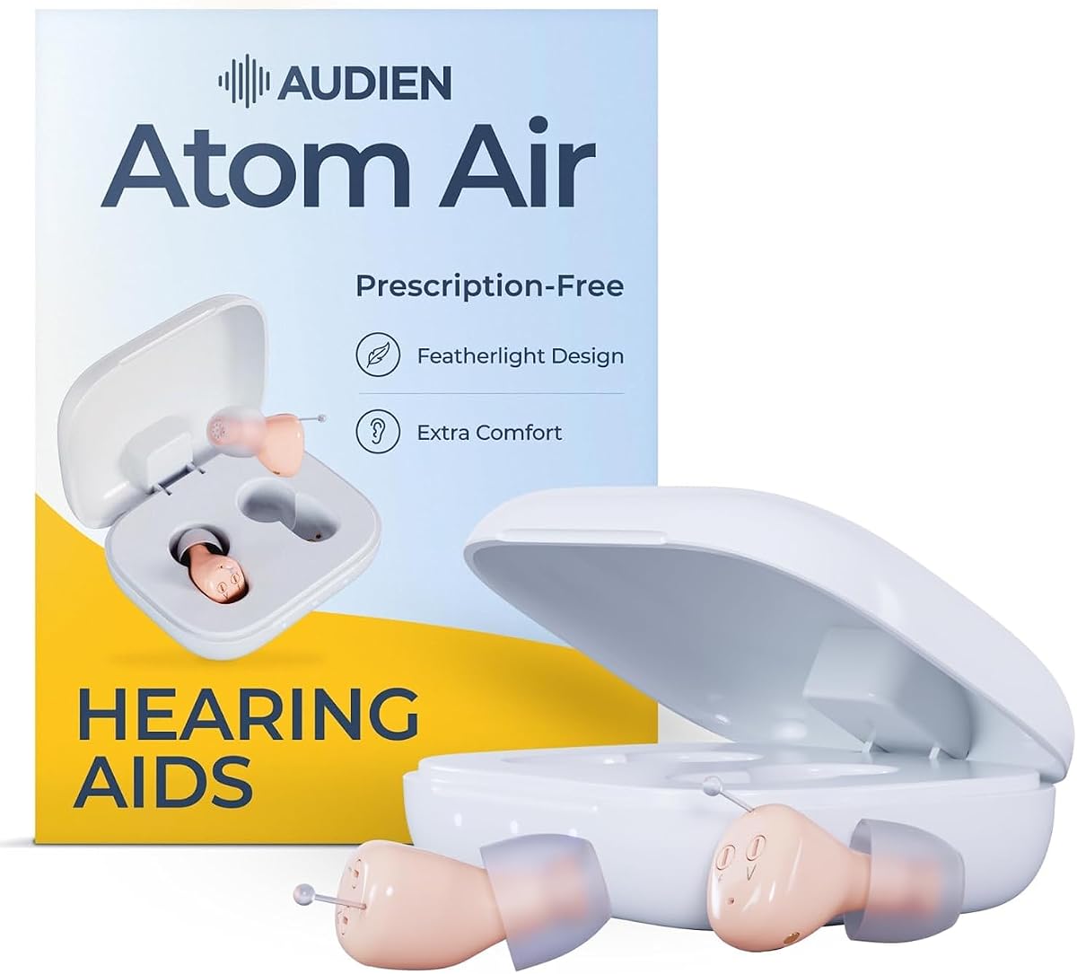 Audífonos internos Audien Atom Air OTC para personas mayores y adultos | Recargable, casi invisible, duración de la batería de 24 horas, ajuste lateral específico para mayor comodidad, no necesita aplicación, prueba de sonido incluida