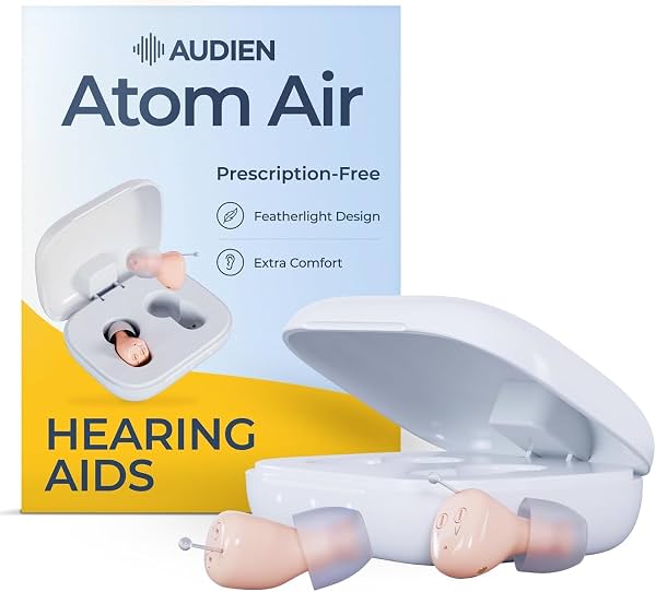 Audífonos OTC de oído Audien Atom Air para adultos mayores y adultos | Recargables, casi invisibles, batería de 24 h, ajuste lateral para mayor comodidad, sin necesidad de app, prueba de sonido incluida