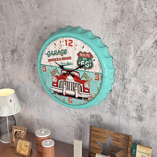 Menterry Bottle Cap Design Iron Retro Wall Clock, 13 Inch Vintage Antique Style, Silent Battery Operated Creative Decor Wall Clocks For Garage,Farmhouse,Office,Beer Bar,Cafes,Kitchen,School (Green) #TOP6
