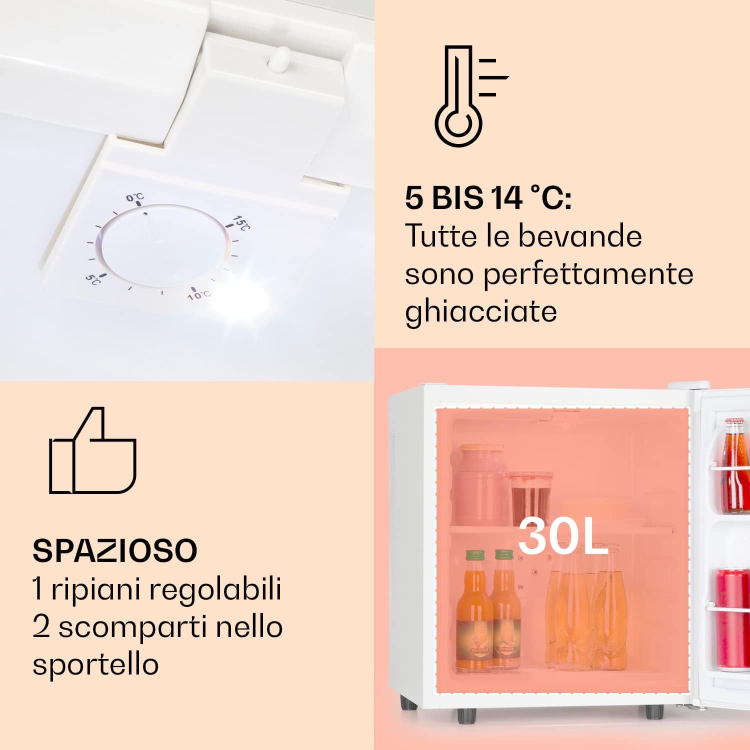 KLARSTEIN Mini Frigo da Camera, Frigo Portatile da Camera, Frigorifero Piccolo da Ufficio, Mini Frigo Bar, Defrost Manuale, Ripiani Rimovibili, Mini Frigo Portatile Campeggio e Skin Care 5-15°C, 30L [Classe di efficienza energetica G]