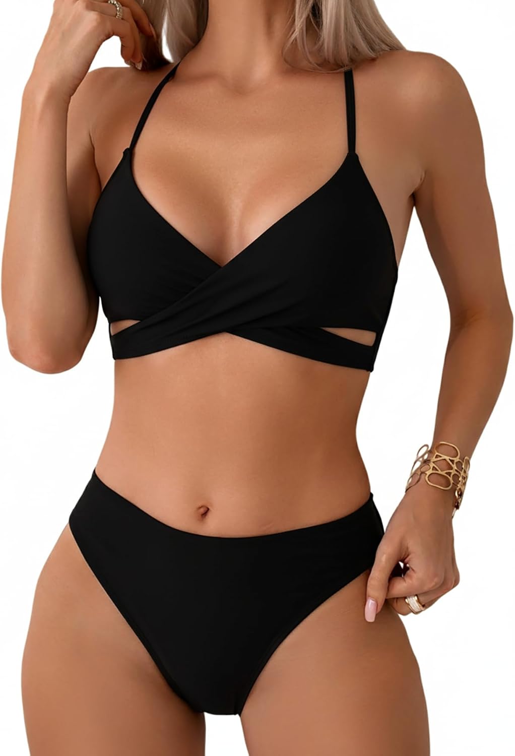 Fanuerg Womens Two Piece Bikini Sets Criss Cross Front Two Piece Swimsuits Mid Waist Cheeky Bathing Suit
