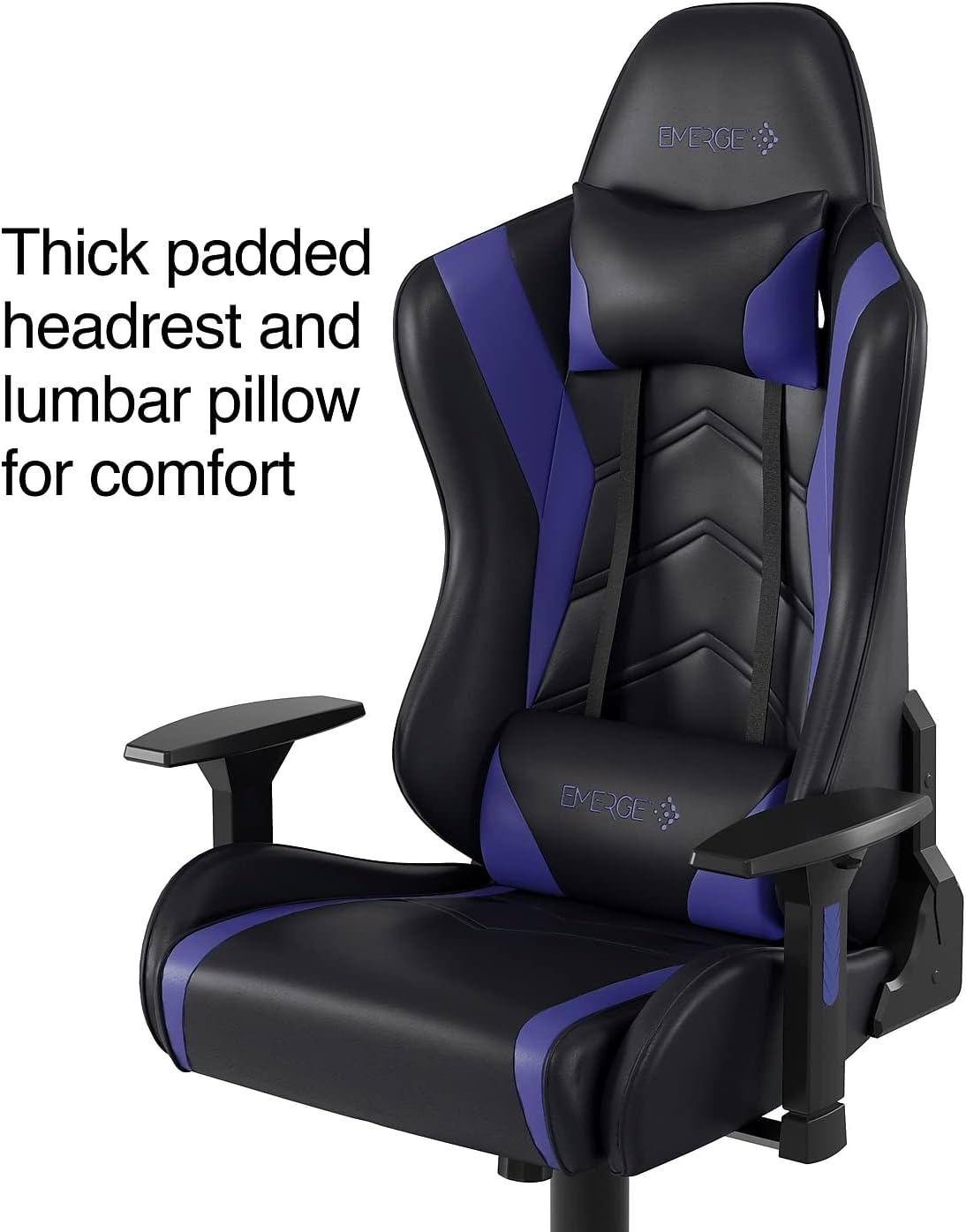 Close-up of the chair's thick padded headrest and lumbar pillow
