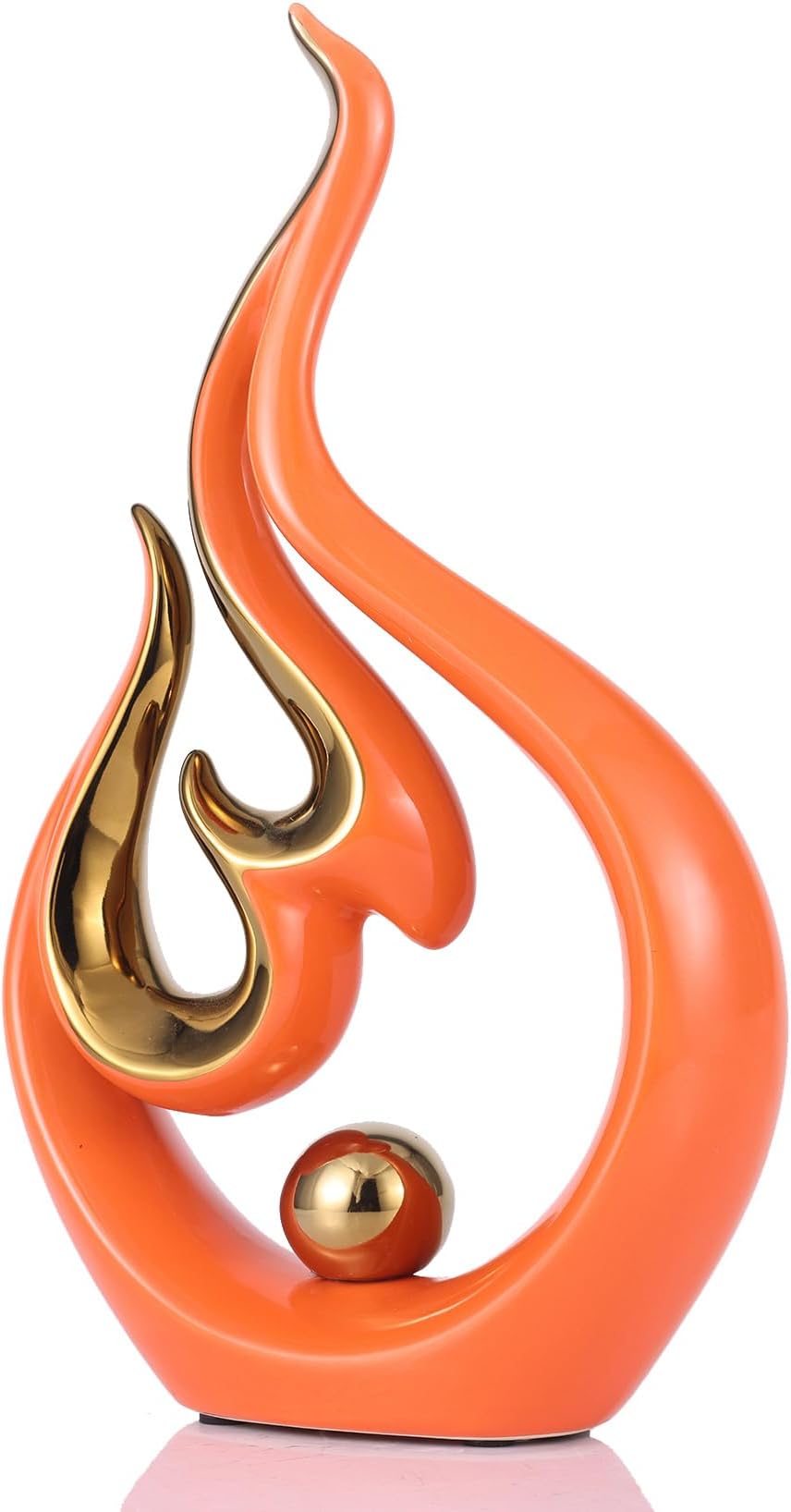 11in Modern Abstract Flame Sculpture Ceramic Orange Gold Decor for Modern Home Decor Living Room Bedroom Office Decorations, Bookshelf Accents Desk Table Centerpiece, Ideal Gift