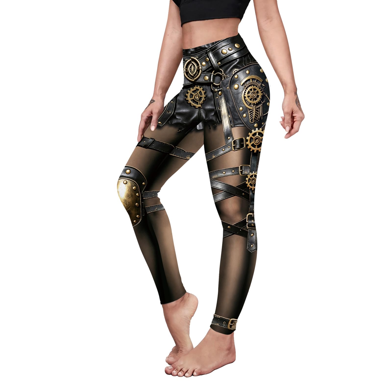 Women Steampunk Retro Leggings Comic Cosplay Punk Print Polyester Gothic Trousers Capris Pants S-4XL Plus Size, Black Leather Harness, M