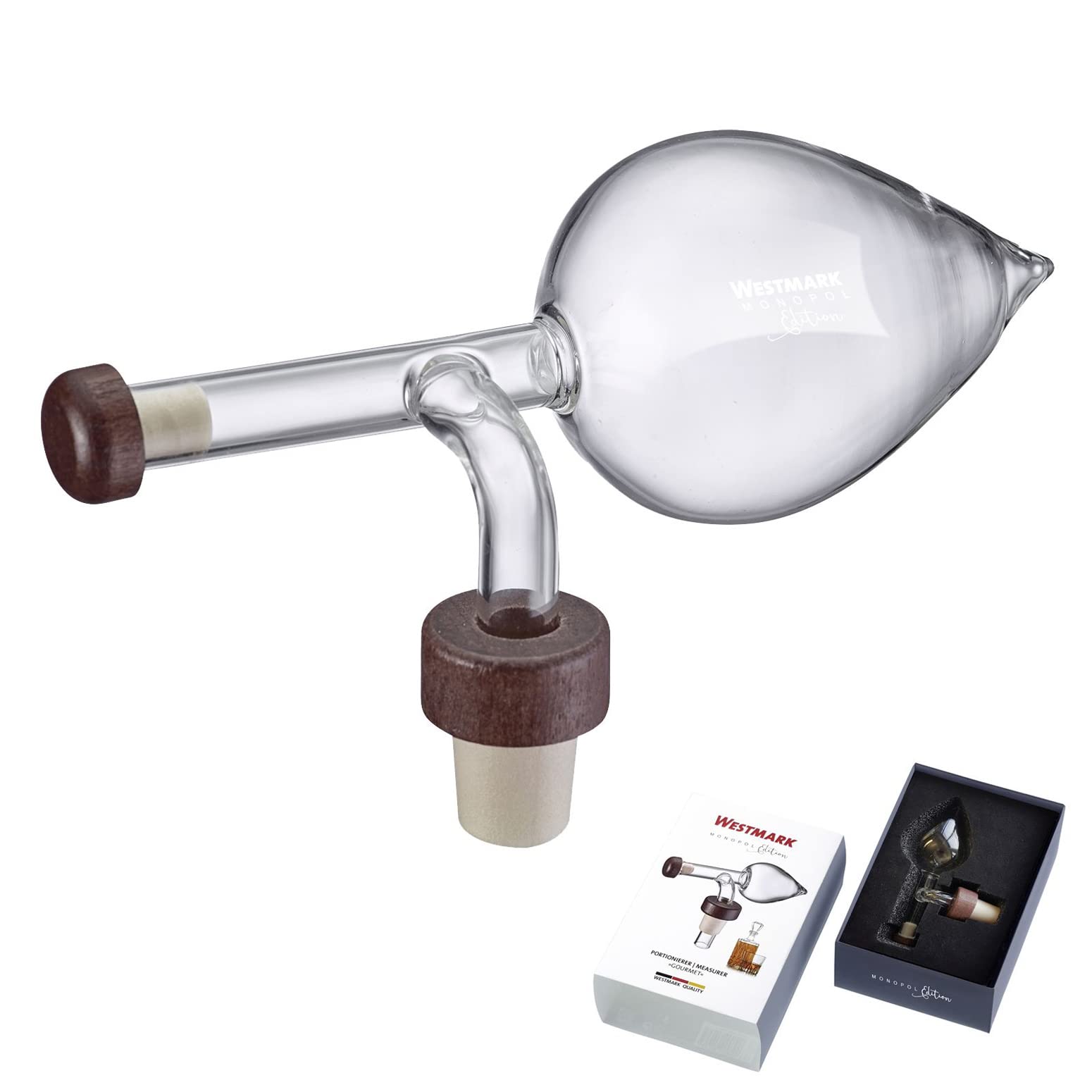 Westmark 99093380 dozownik do porcjowania, pojemność: 150 ml, odmierzanie i dekantowanie jednocześnie, szkło/tworzywo sztuczne/drewno, Gourmet, przezroczysty/brązowy