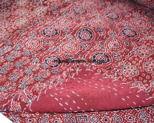 Maroon Quilting Hippie Kantha Ajarkh Hippie Handmade Queen Size Kantha Bedspread Ajrakh Reversible Hand Stitched Cotton Kantha Quilts Bohemian Floral Kantha Twin/Queen (60X90 inch)
